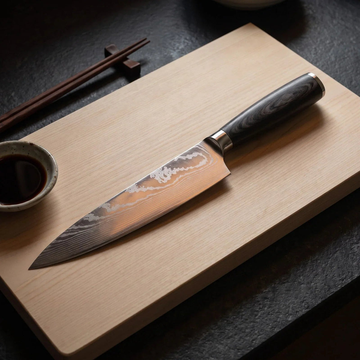 Patterned chef knife with dark handle resting on a wooden board