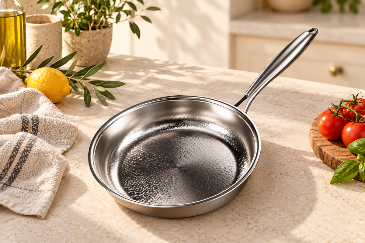 Morrow frying pan styled on a warm stone kitchen counter