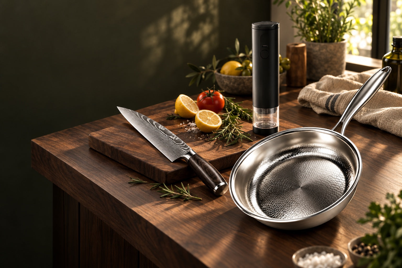 Morrow pan, chef knife and handheld vacuum sealer on a walnut kitchen counter