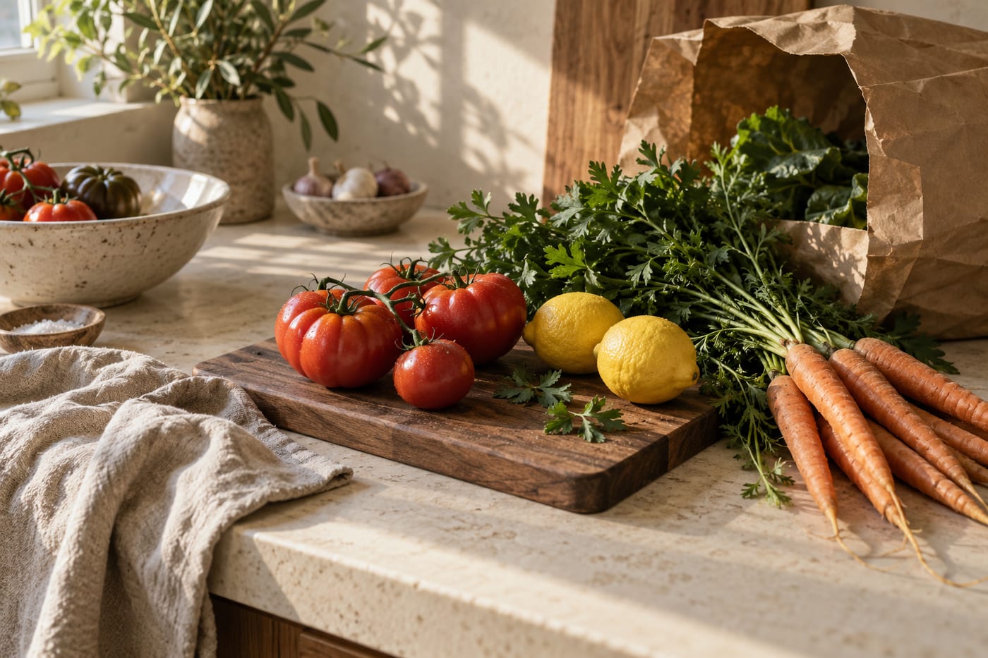 Tomatoes, lemons, carrots, and herbs beside a grocery bag on a sunlit kitchen counter