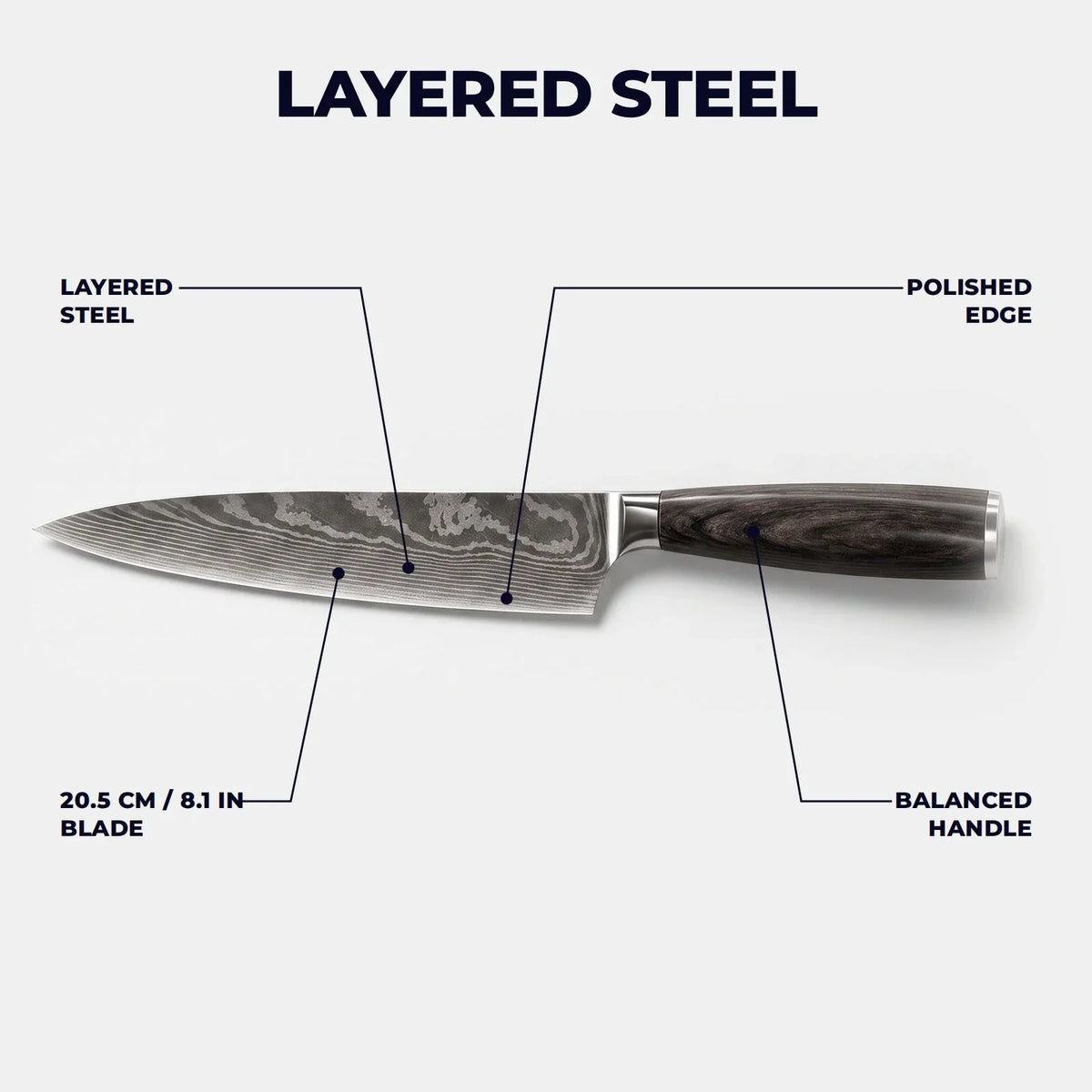 Chef's Knife 20 cm - 67-Layer Damascus Steel Blade with Ergonomic Dark Resin-Wood Handle - Best Kitchen Knife for Precision Cutting