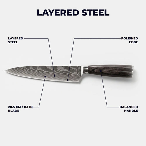Chef's Knife 20 cm - 67-Layer Damascus Steel Blade with Ergonomic Dark Resin-Wood Handle - Best Kitchen Knife for Precision Cutting