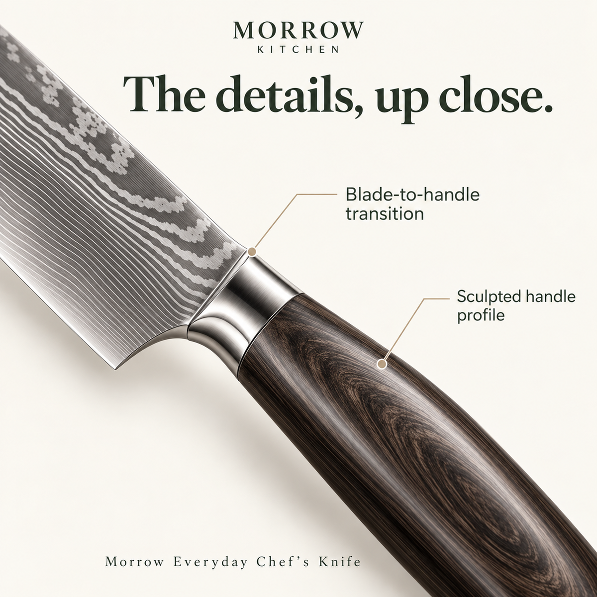 Close-up of the Morrow knife handle profile and blade-to-handle transition.