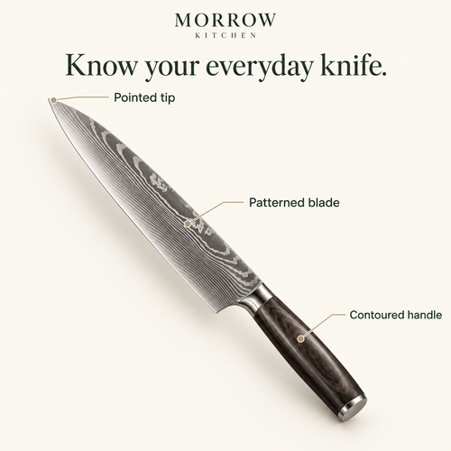 Morrow chef knife with pointed tip, patterned blade and contoured handle labeled.