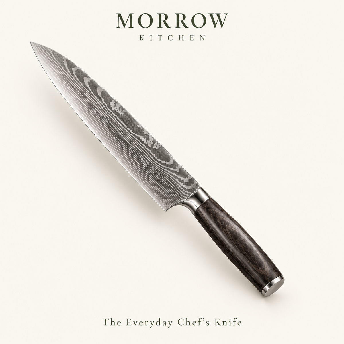 Morrow chef knife with patterned blade and contoured dark handle