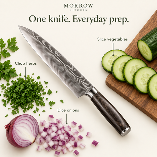 Morrow chef knife for everyday prep: chop herbs, slice vegetables and dice onions.