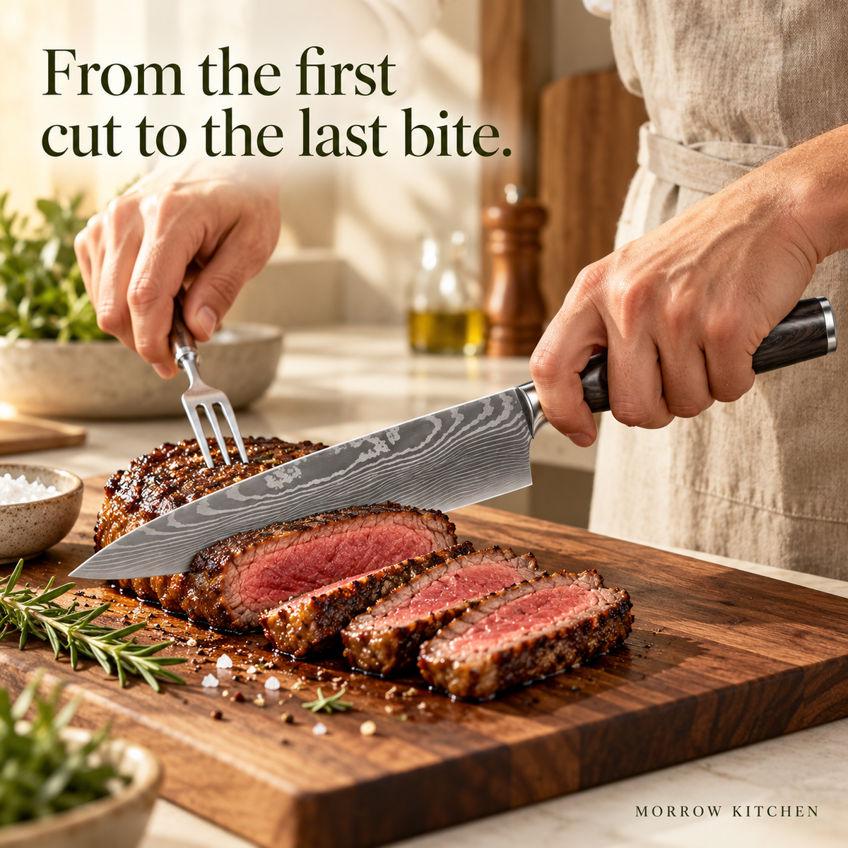 Morrow patterned chef’s knife slicing a cooked boneless steak on a wooden cutting board.
