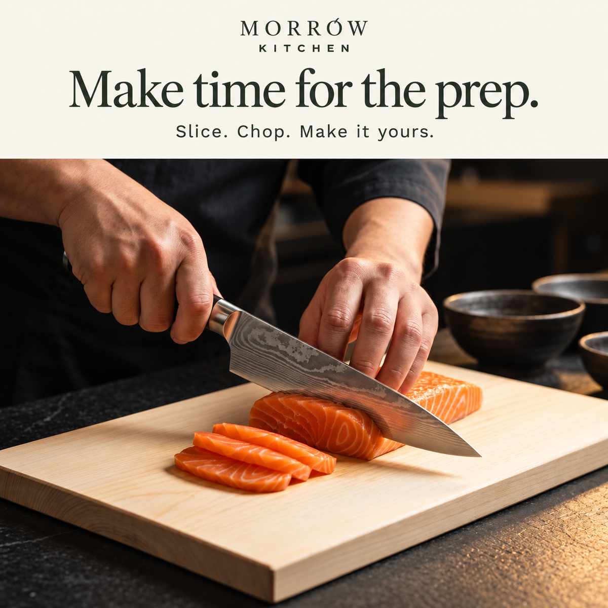 Morrow chef knife shown slicing salmon on a wooden board