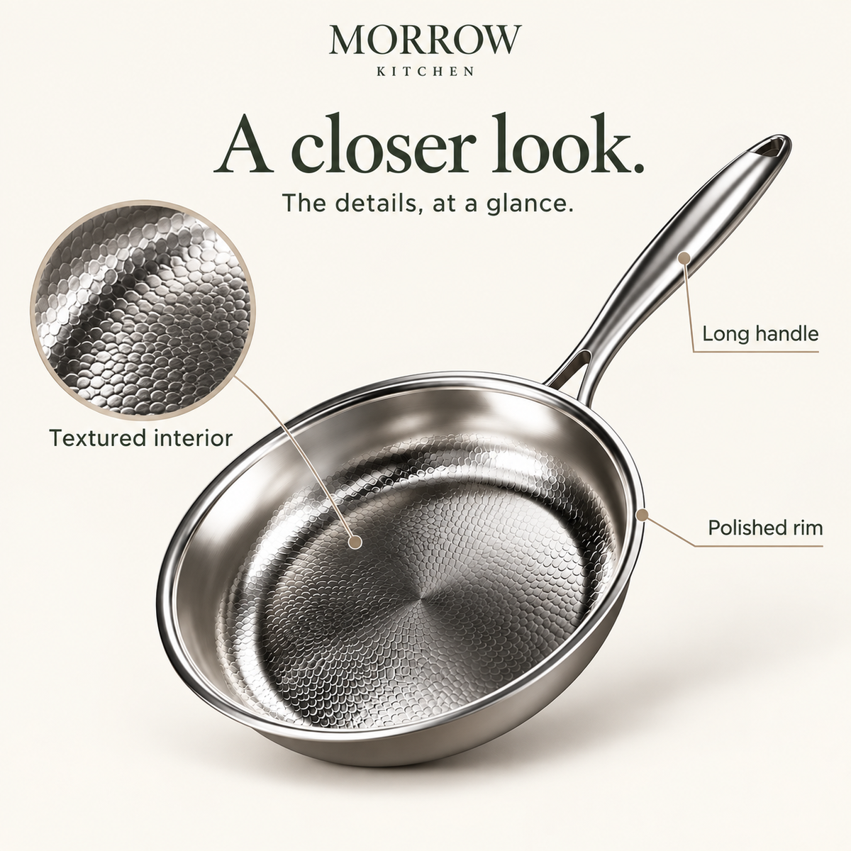 Morrow frying pan detail guide: textured interior, polished rim and long handle.