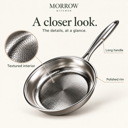 Morrow frying pan detail guide: textured interior, polished rim and long handle.