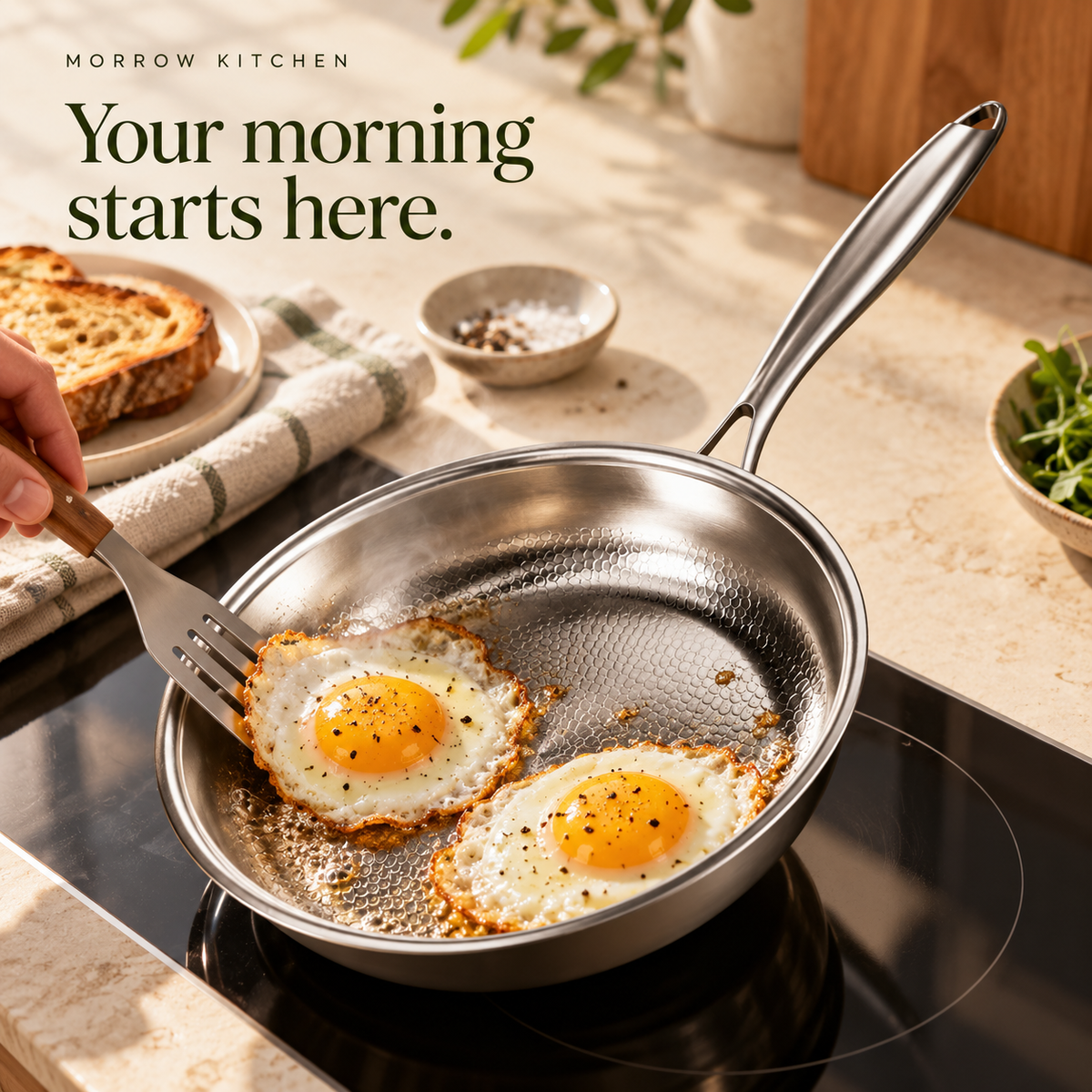 Morrow silver textured frying pan cooking two sunny-side-up eggs on an induction cooktop, with a spatula lifting one egg.