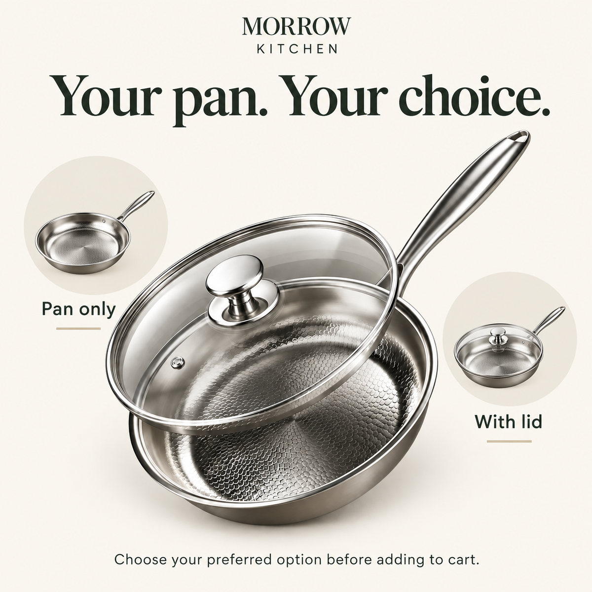 Morrow frying pan choices: pan only or with a lid. Select your preferred option before adding to cart.