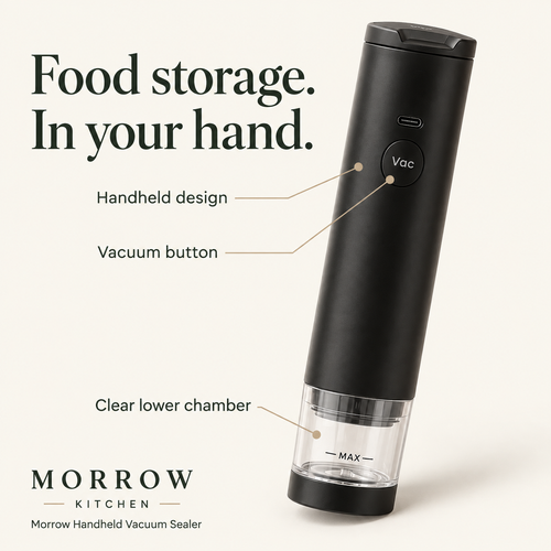 Morrow handheld vacuum sealer with vacuum button and clear lower chamber labeled.