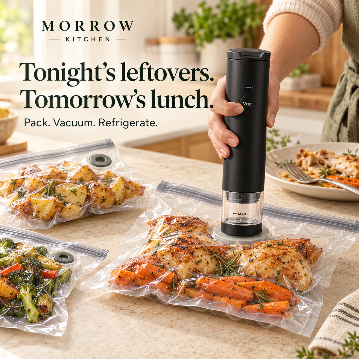 Morrow handheld vacuum sealer removing air through the valve of a clear bag filled with roast chicken and vegetables, beside two sealed leftover portions.