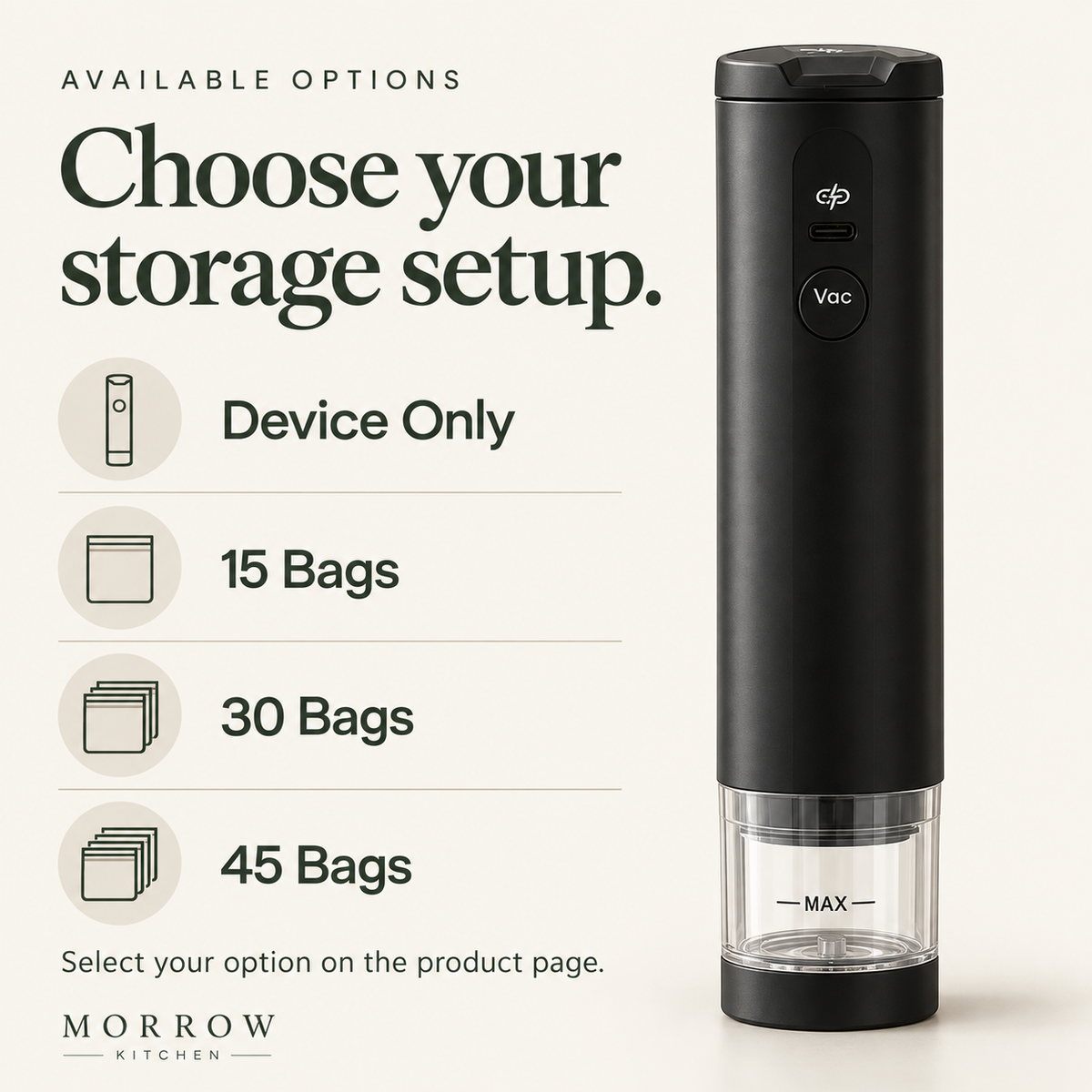 Morrow sealer options: Device Only, 15 Bags, 30 Bags or 45 Bags.