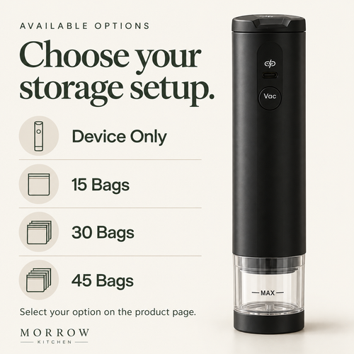 Morrow sealer options: Device Only, 15 Bags, 30 Bags or 45 Bags.