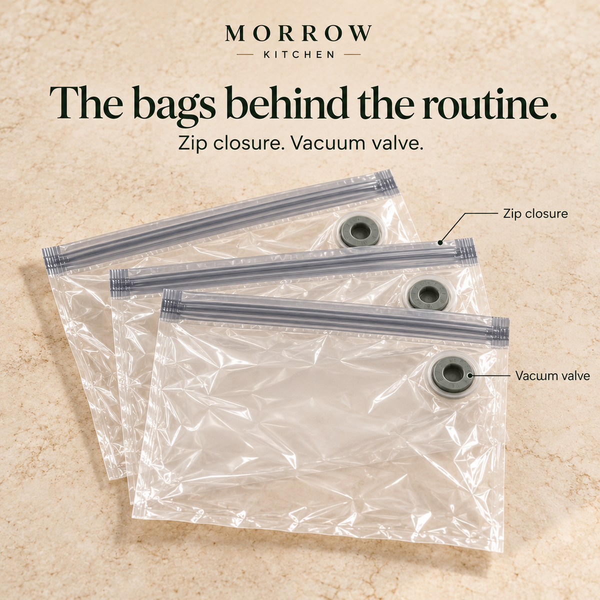 Three empty clear Morrow vacuum bags showing the zip closures and round vacuum valves.